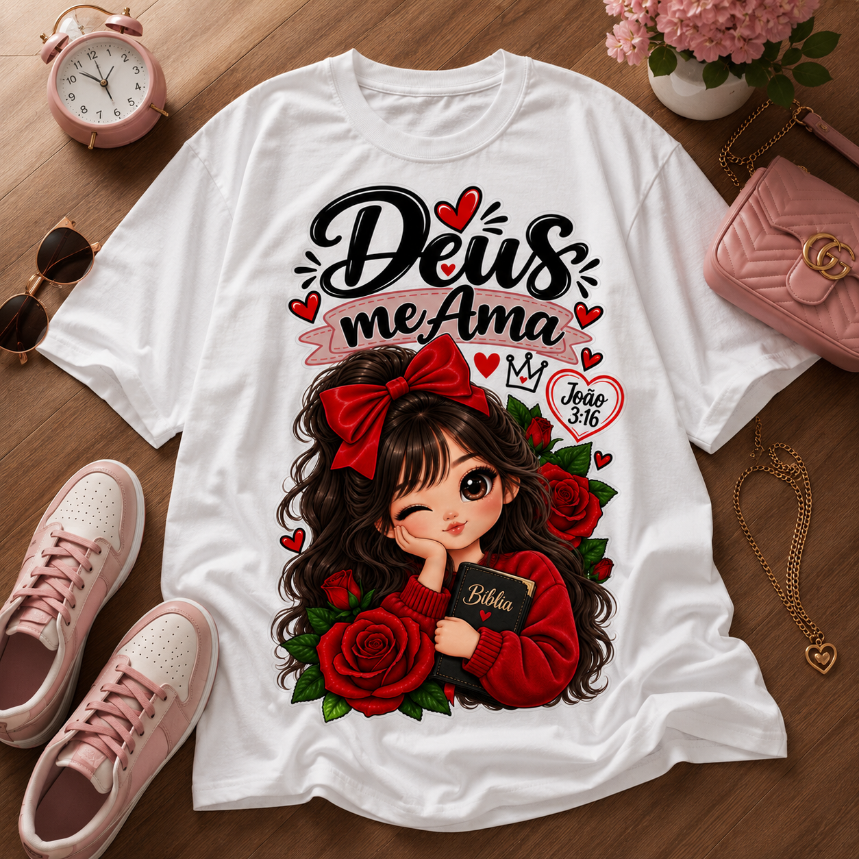 Camiseta branca com a estampa Deus me Ama aplicada